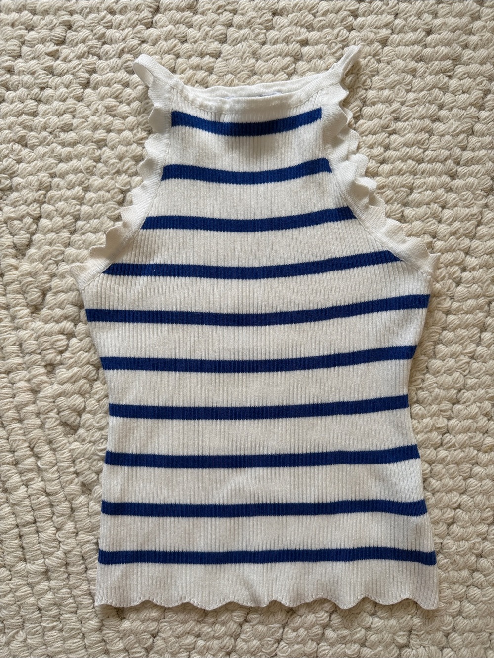Striped White and Blue Knit Scallop Tank Top
